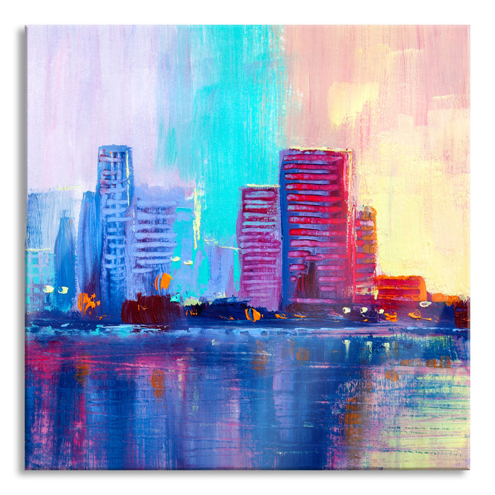 Pixxprint Abstraktes Ölgemälde einer Skyline, Glasbild Quadratisch