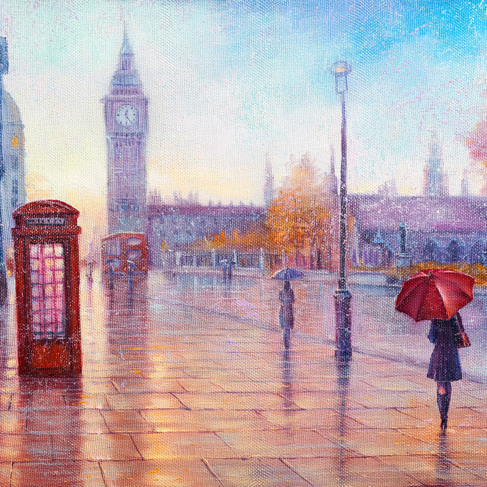 Regentag in London mit Big Ben, Glasbild Quadratisch
