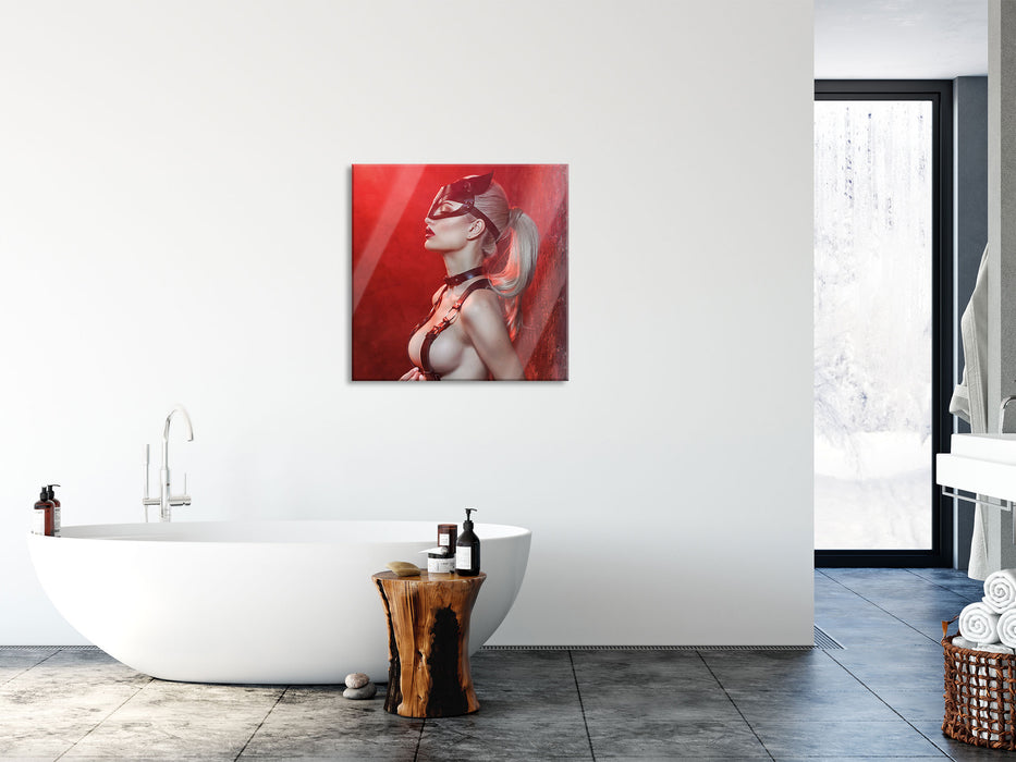 Sexy Blondine in Leder im Rotlicht, Glasbild Quadratisch
