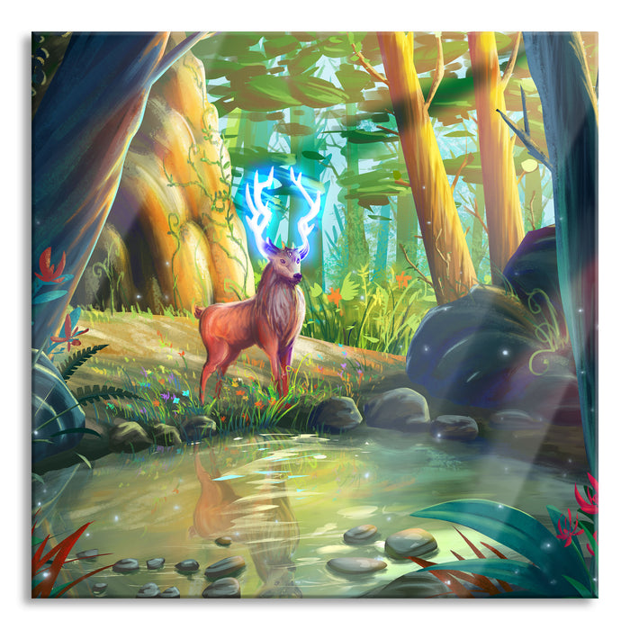 Märchenhafter Hirsch an buntem Waldsee, Glasbild Quadratisch