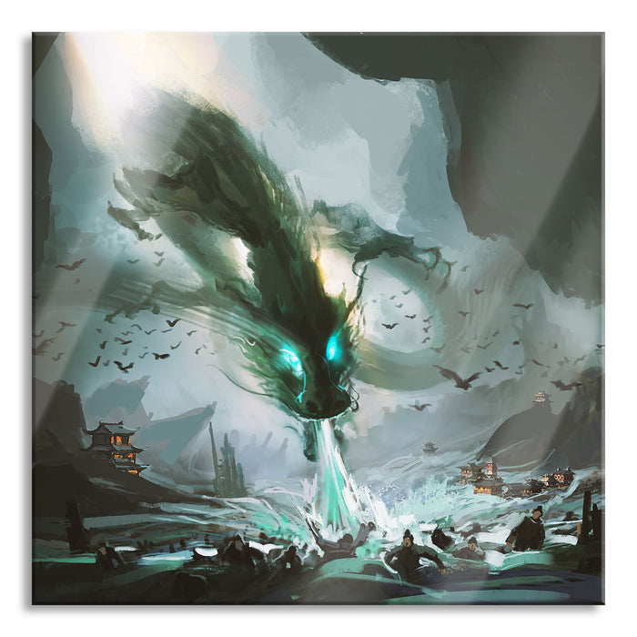 Pixxprint Böser Wasserdrache greift Dorf an, Glasbild Quadratisch