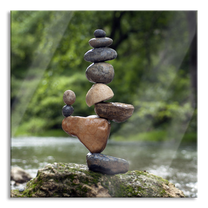 Pixxprint Balanciertes Steinkunstwerk am Fluss, Glasbild Quadratisch