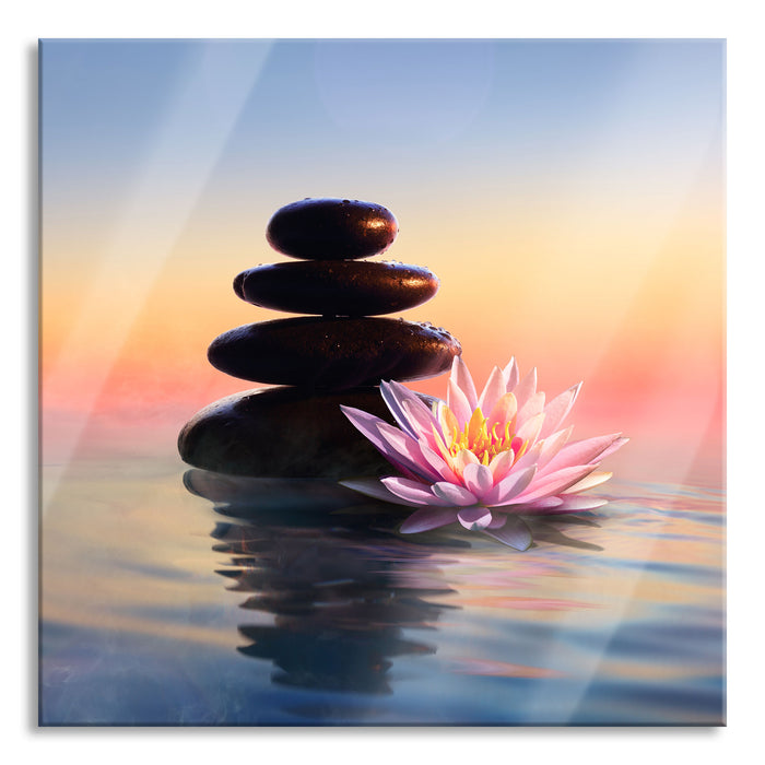 Pixxprint Zensteine mit Seerose im Sonnenuntergang, Glasbild Quadratisch