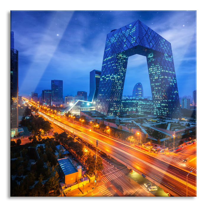 Pixxprint Straßenlichter bei Nacht in Peking, Glasbild Quadratisch