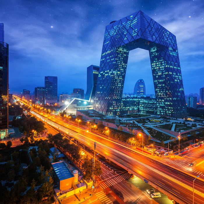 Straßenlichter bei Nacht in Peking, Glasbild Quadratisch