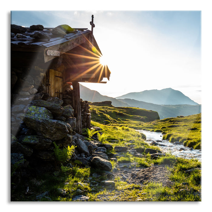 Pixxprint Almhütte am Bach bei Sonnenuntergang, Glasbild Quadratisch
