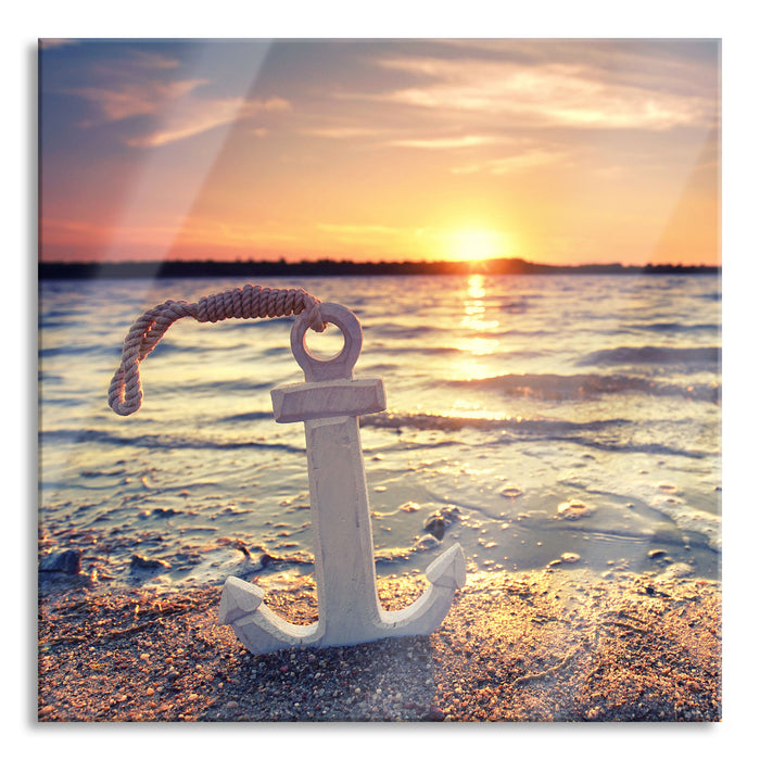Pixxprint Anker am Ostseestrand im Sonnenuntergang, Glasbild Quadratisch