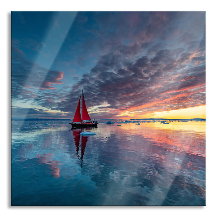 Einsames Segelboot in der Abenddämmerung, Glasbild Quadratisch