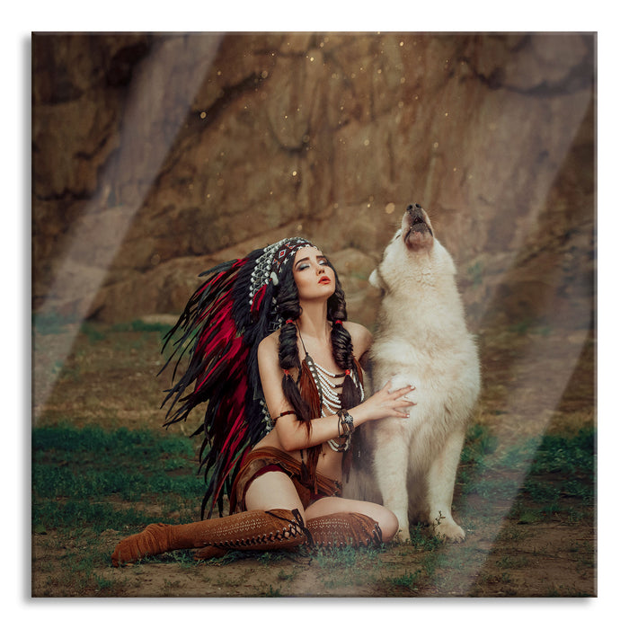 Indianische Frau und heulender Wolfshund, Glasbild Quadratisch