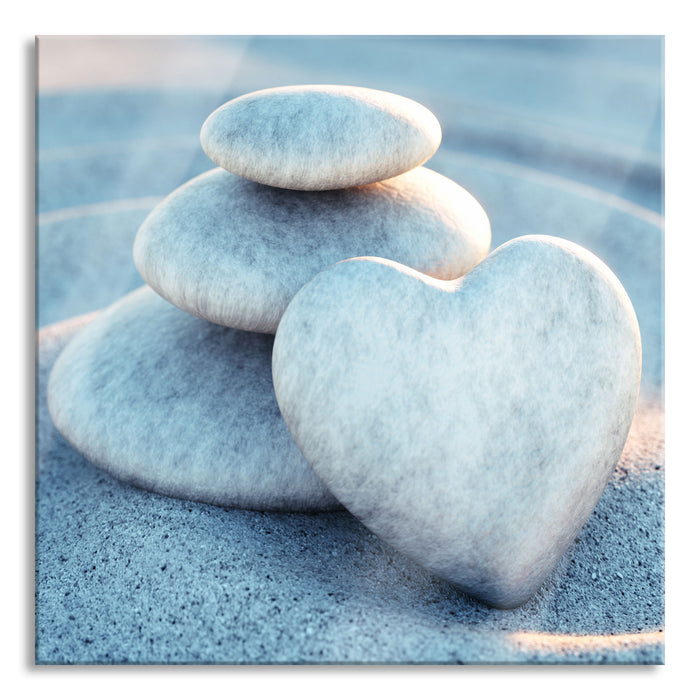 Pixxprint Steinturm mit Herz in Sandwellen, Glasbild Quadratisch