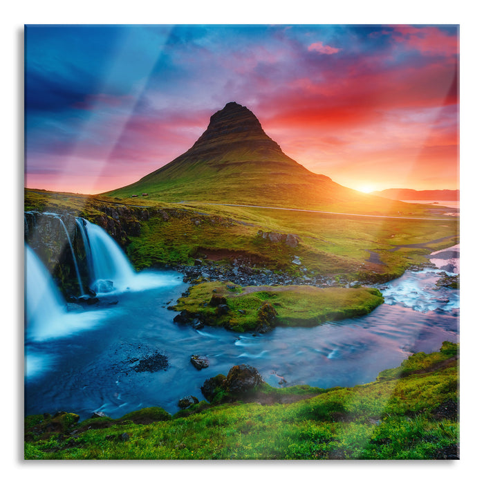 Pixxprint Kirkjufell Vulkan im Sonnenuntergang, Glasbild Quadratisch