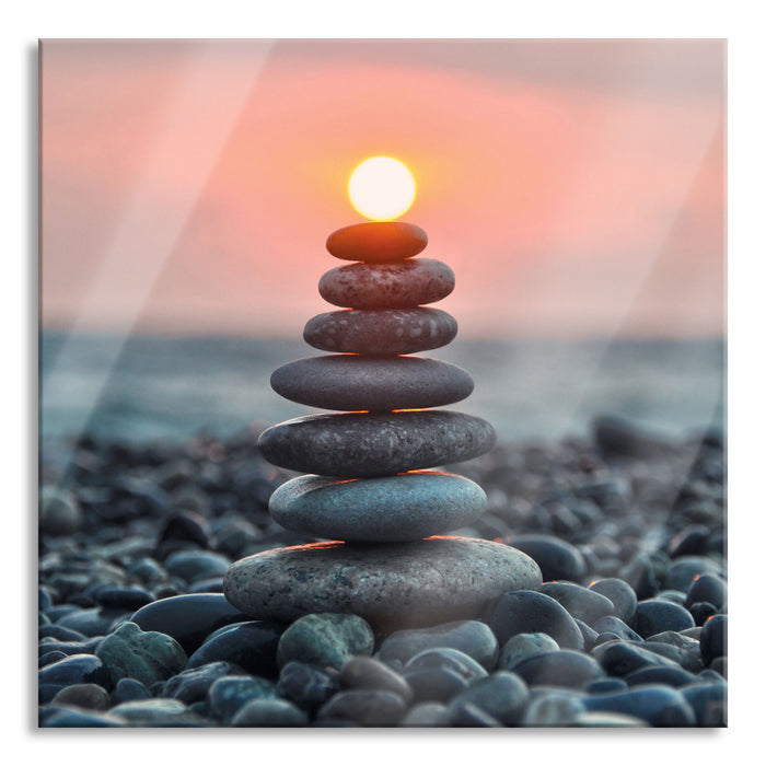 Pixxprint Kieselsteinpyramide im Sonnenuntergang, Glasbild Quadratisch