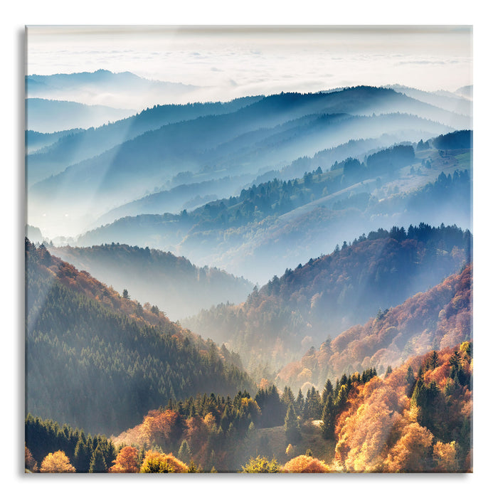 Pixxprint Nebelige Berglandschaft im Herbst, Glasbild Quadratisch