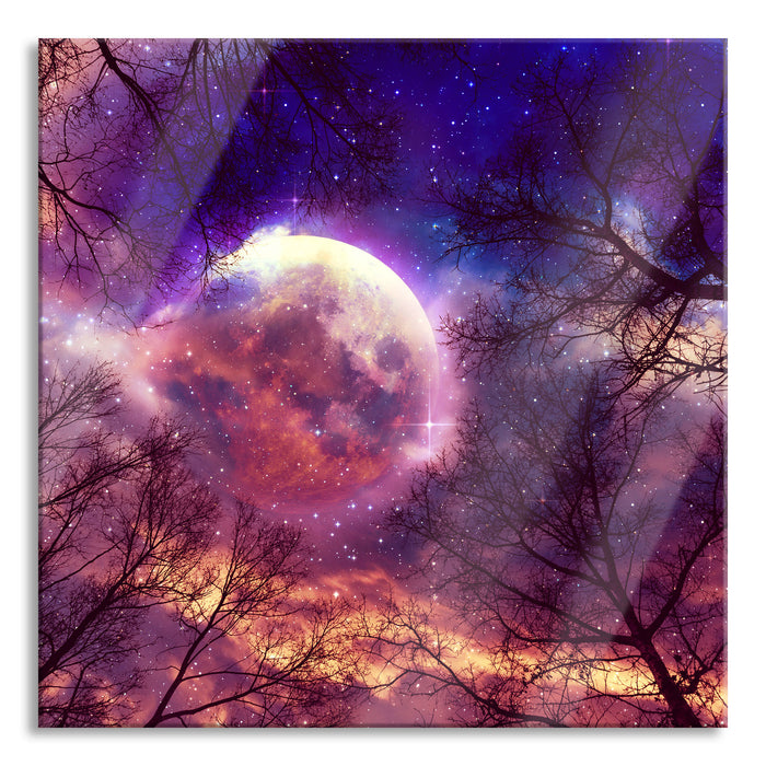 Farbenvolle Sternennacht bei Vollmond, Glasbild Quadratisch