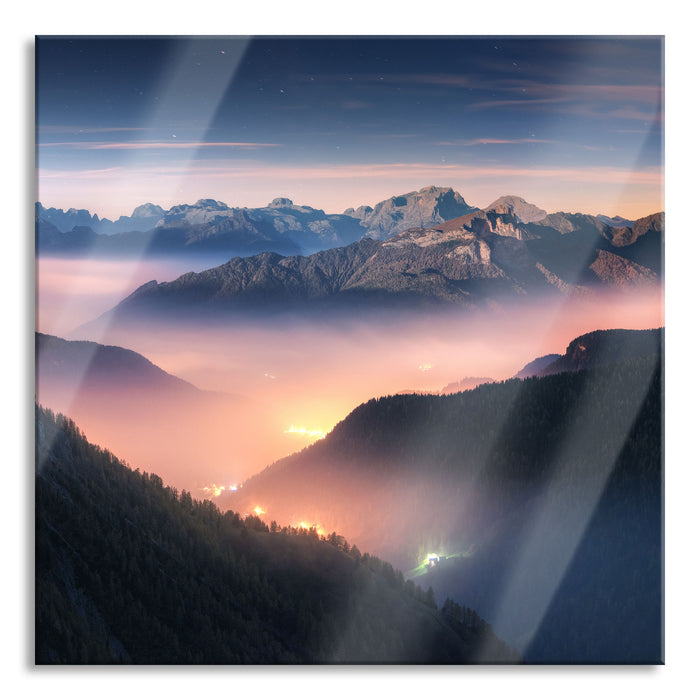 Pixxprint Leuchtender Nebel in Bergtälern, Glasbild Quadratisch