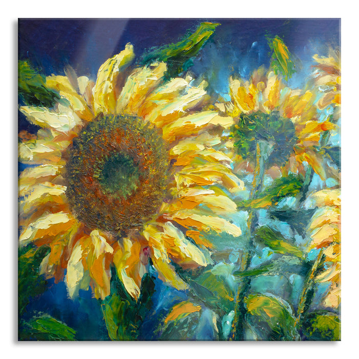 Pixxprint Sonnenblumen vor blauem Hintergrund, Glasbild Quadratisch