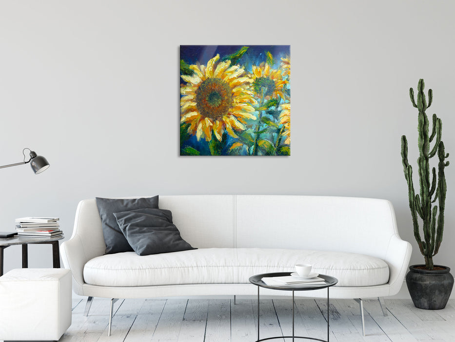 Sonnenblumen vor blauem Hintergrund, Glasbild Quadratisch