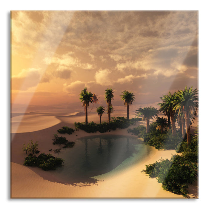 Pixxprint Oase in der Wüste bei Sonnenuntergang, Glasbild Quadratisch
