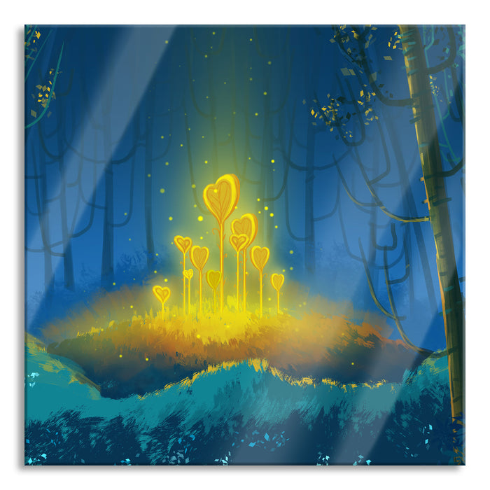 Leuchtende Zauberblumen im Wald, Glasbild Quadratisch