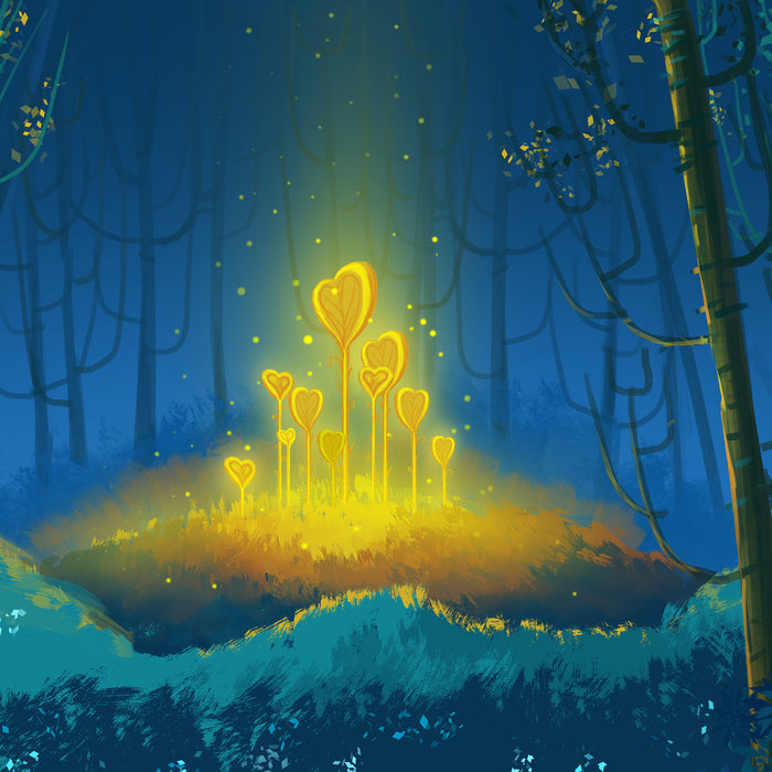Leuchtende Zauberblumen im Wald, Glasbild Quadratisch