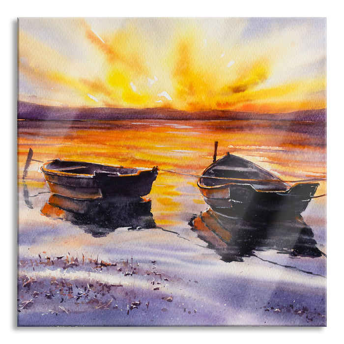Pixxprint Zwei angeleinte Boote bei Sonnenuntergang, Glasbild Quadratisch