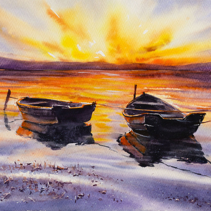 Zwei angeleinte Boote bei Sonnenuntergang, Glasbild Quadratisch
