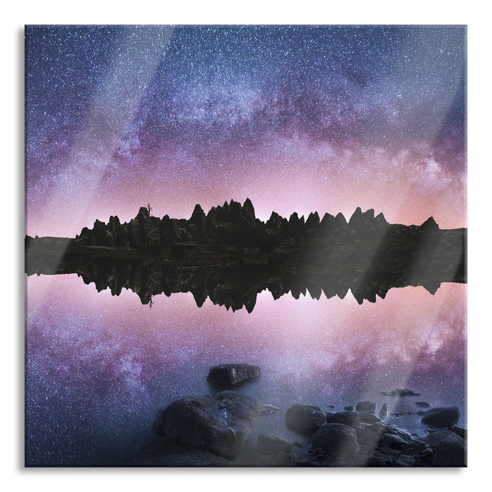 Reflexion des Sternenhimmels über Felsen, Glasbild Quadratisch