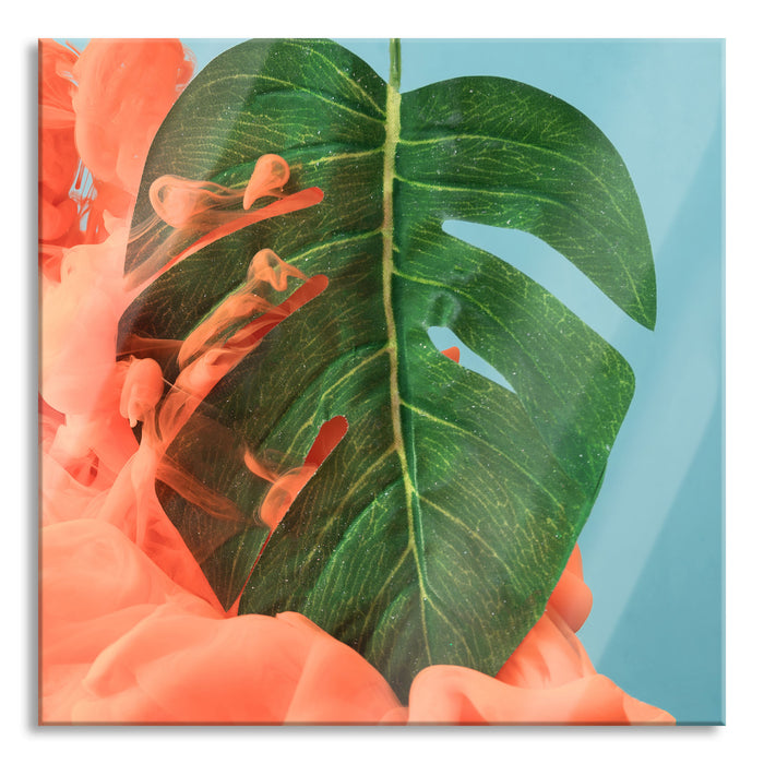 Pixxprint Monstera Blatt mit Pastelwolke, Glasbild Quadratisch