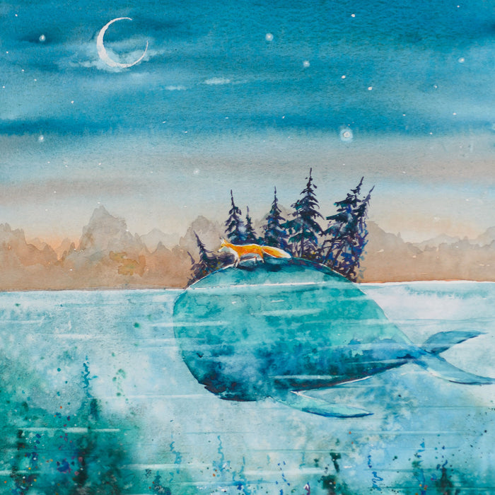 Fuchs reitet auf Wal bei Nacht, Glasbild Quadratisch