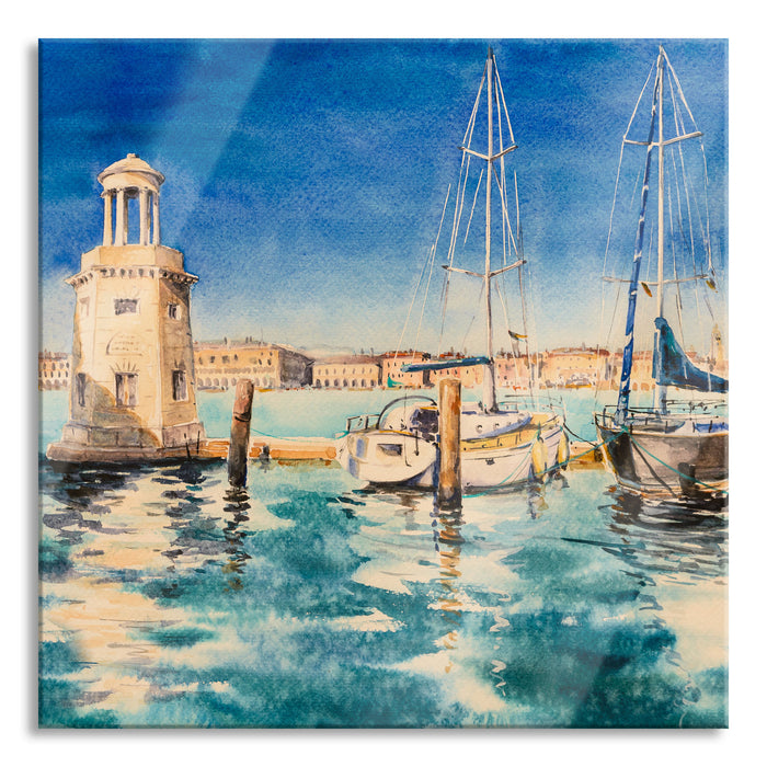 Segelschiffe im Hafen Venedigs, Glasbild Quadratisch