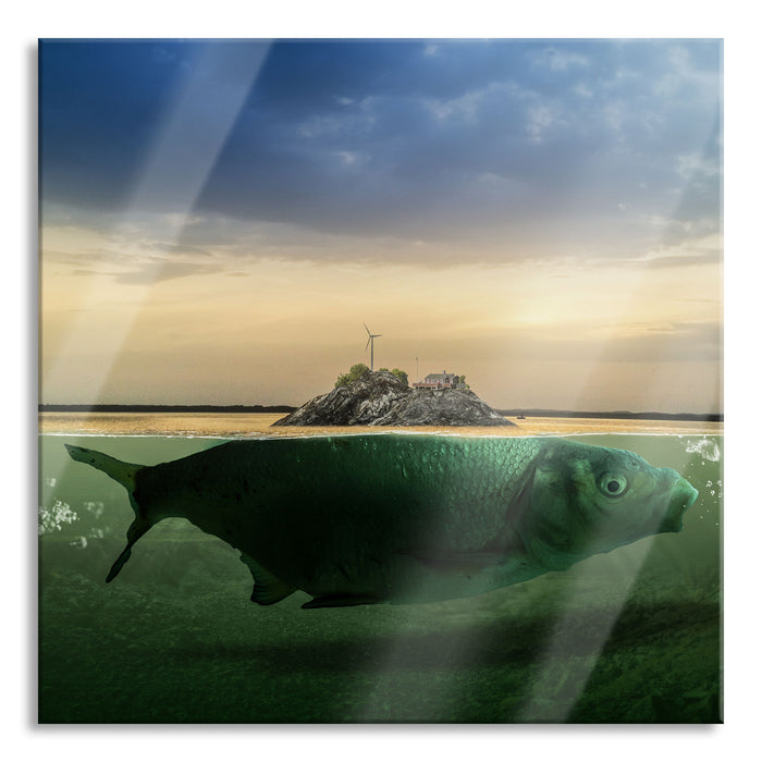 Pixxprint Abstrakter Fisch mit Felsrücken, Glasbild Quadratisch