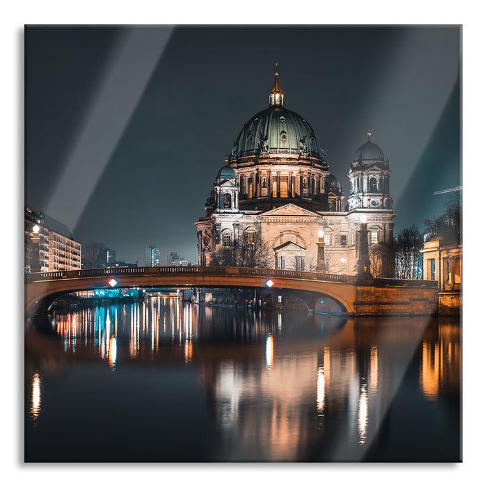 Pixxprint Berliner Dom an der Spree bei Nacht, Glasbild Quadratisch