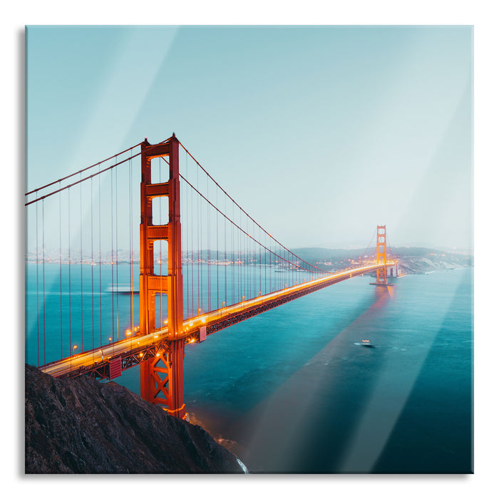 Golden Gate Bridge in der Abenddämmerung, Glasbild Quadratisch