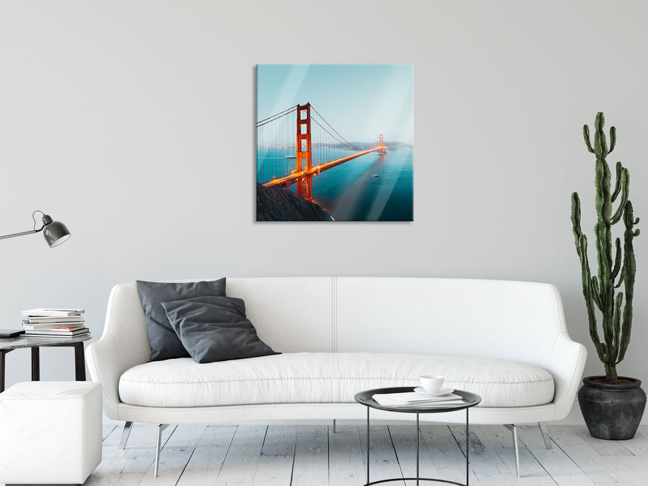 Golden Gate Bridge in der Abenddämmerung, Glasbild Quadratisch