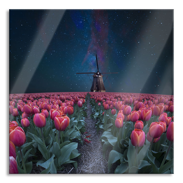 Pixxprint Tulpenfeld mit Windmühle bei Nacht, Glasbild Quadratisch
