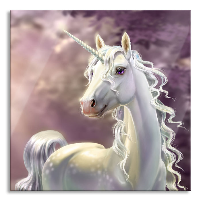 Pixxprint Magisches Einhorn im Zauberwald, Glasbild Quadratisch