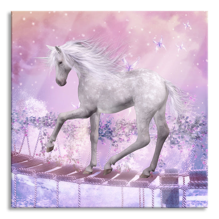 Pixxprint Einhorn läuft über Hängebrücke, Glasbild Quadratisch