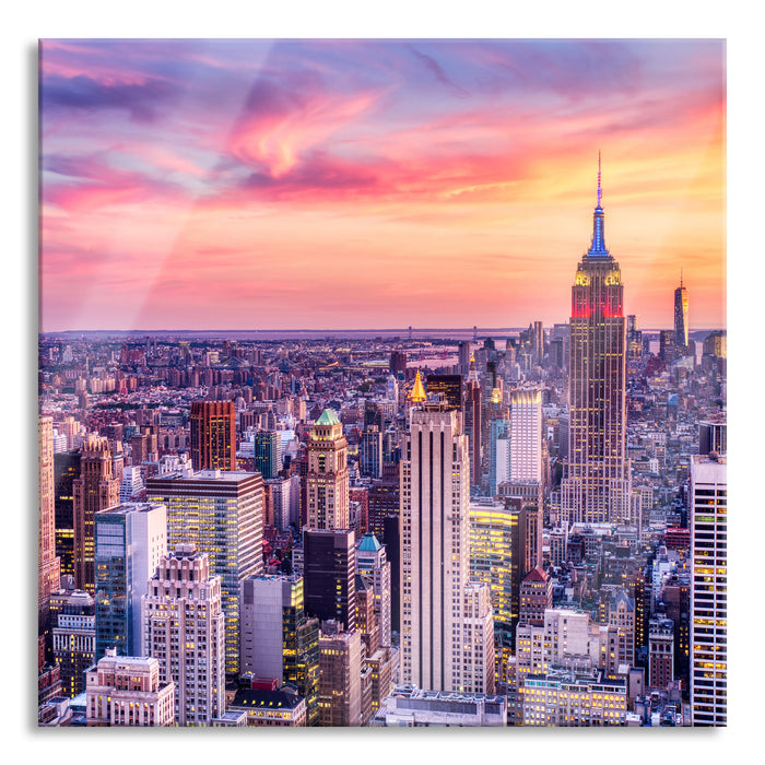 New York City bei Sonnenuntergang, Glasbild Quadratisch