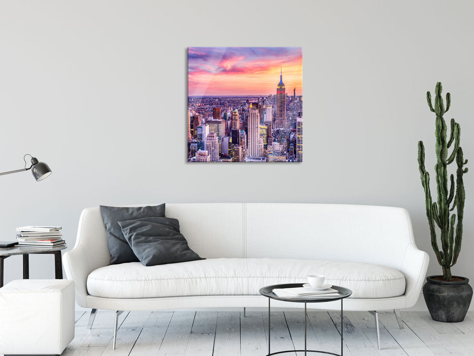 New York City bei Sonnenuntergang, Glasbild Quadratisch