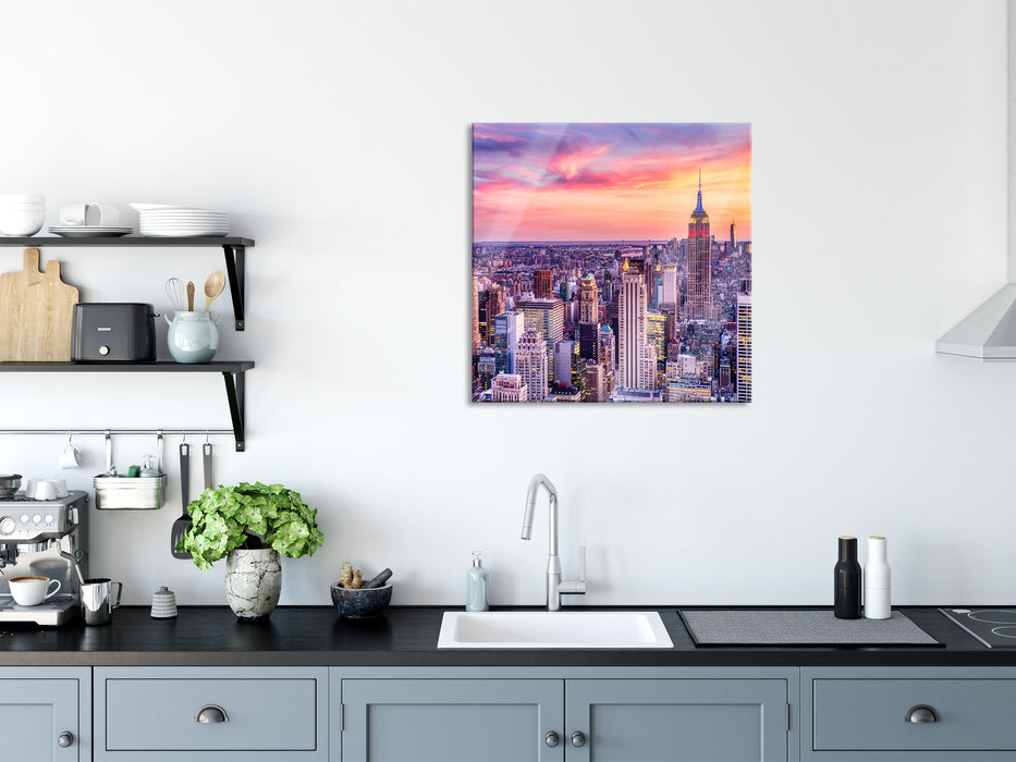 New York City bei Sonnenuntergang, Glasbild Quadratisch