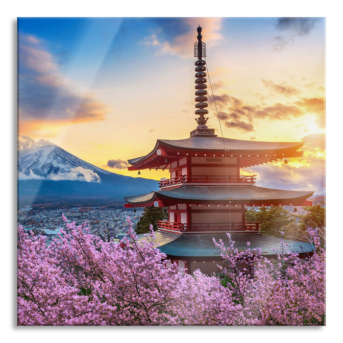 Pixxprint Japanischer Tempel zwischen Kirschblüten, Glasbild Quadratisch