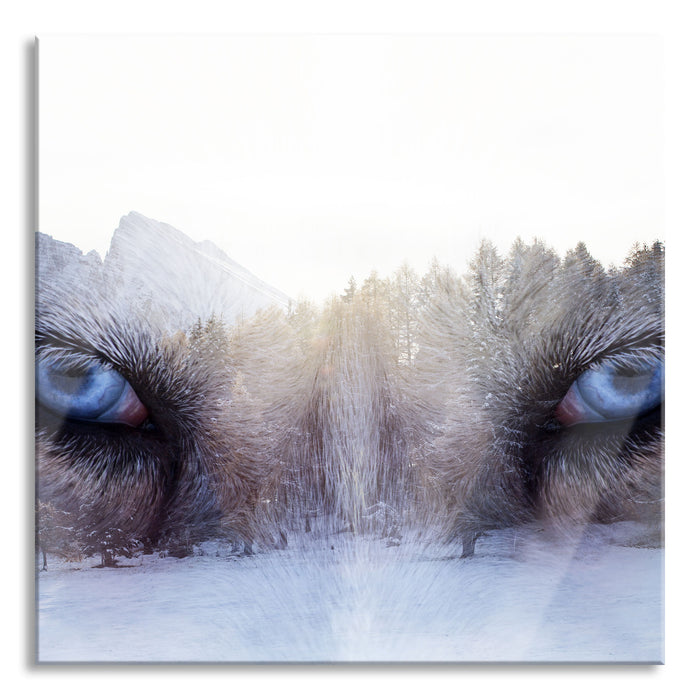 Pixxprint Overlay Wolfsaugen über Winterwald, Glasbild Quadratisch