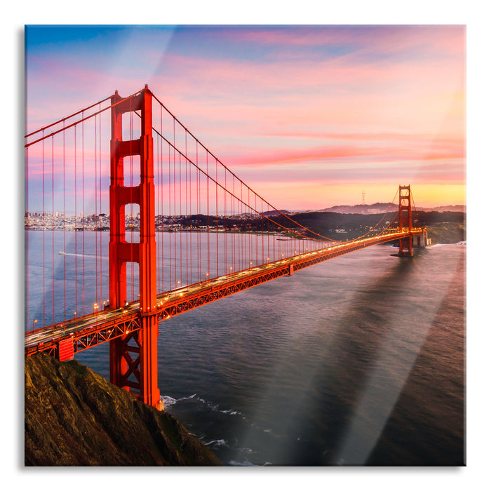 Golden Gate Bridge bei Sonnenuntergang, Glasbild Quadratisch