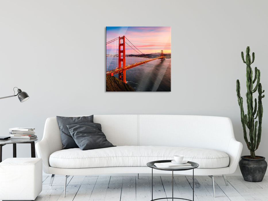 Golden Gate Bridge bei Sonnenuntergang, Glasbild Quadratisch