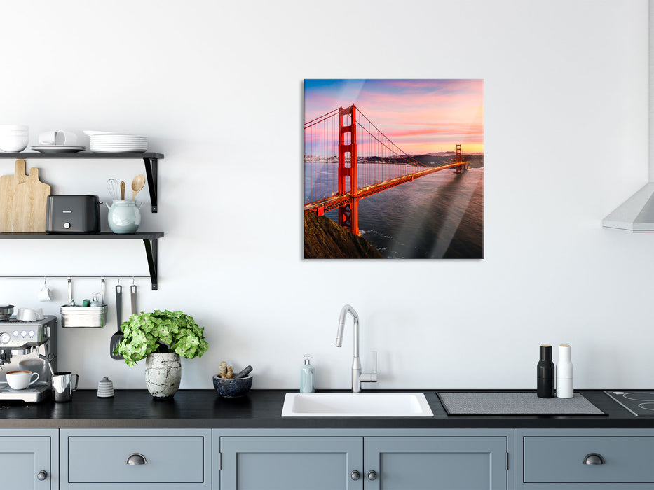 Golden Gate Bridge bei Sonnenuntergang, Glasbild Quadratisch