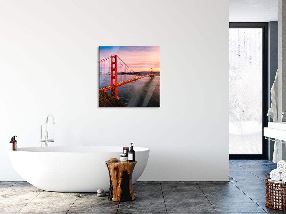 Golden Gate Bridge bei Sonnenuntergang, Glasbild Quadratisch