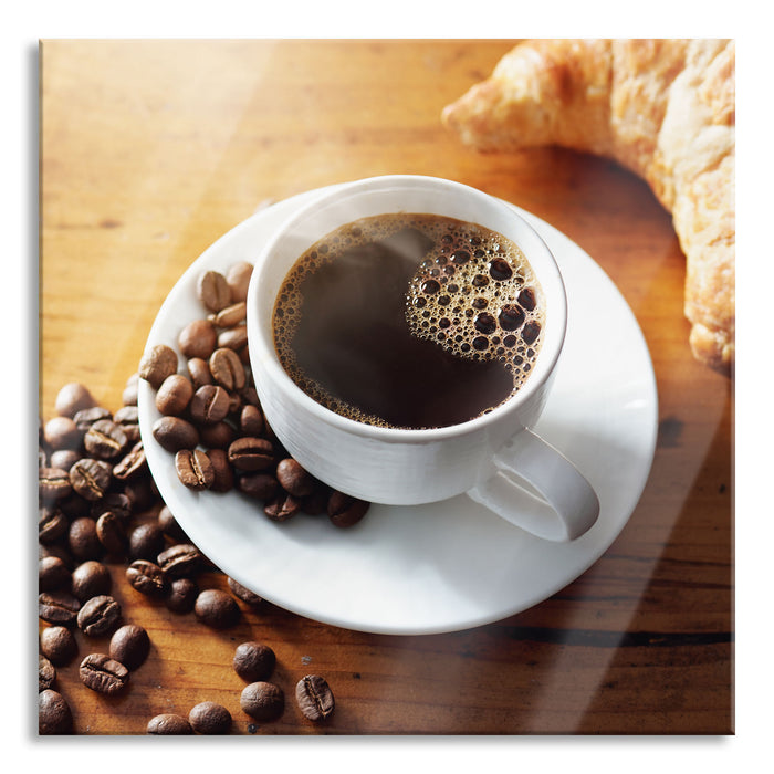 Tasse Kaffee mit Bohnen und Croissant, Glasbild Quadratisch
