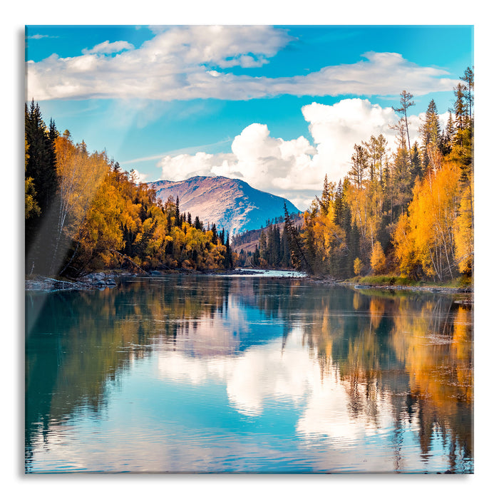 Pixxprint Bergsee mit Herbstwald, Glasbild Quadratisch
