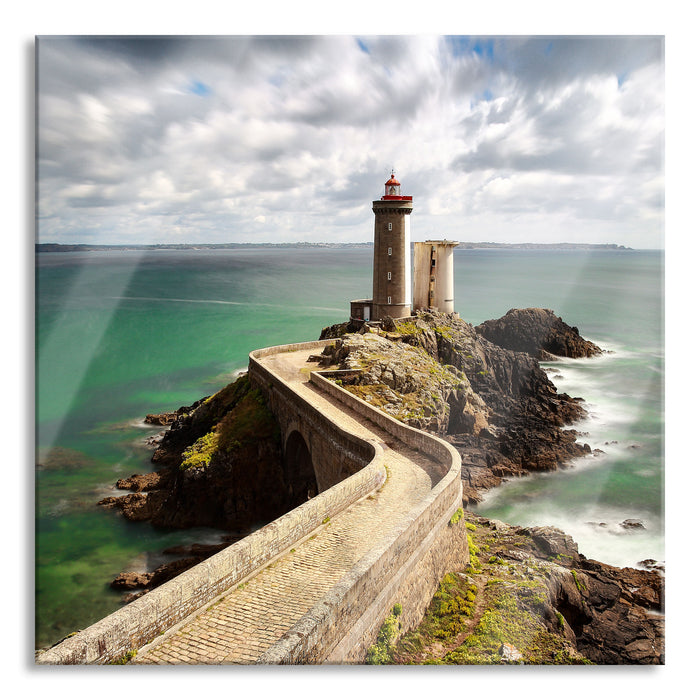 Pixxprint Steinbrücke zum Leuchtturm Phare du Petit Minou, Glasbild Quadratisch