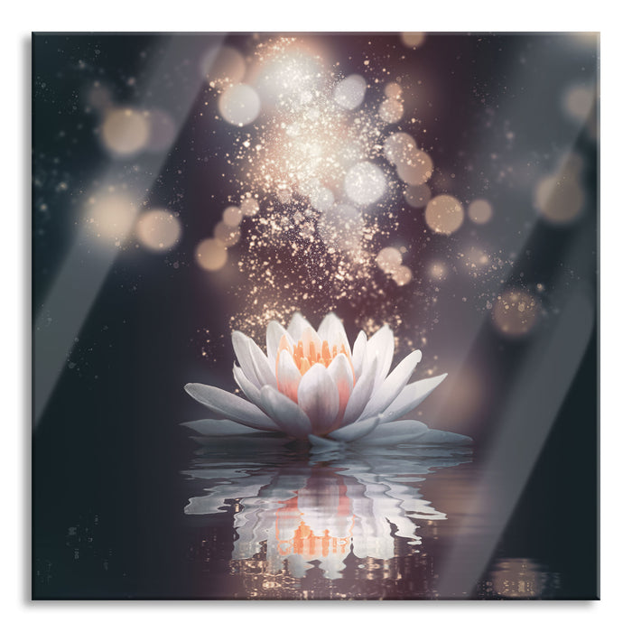 Magische Lotusblüte mit Glitzerstaub, Glasbild Quadratisch